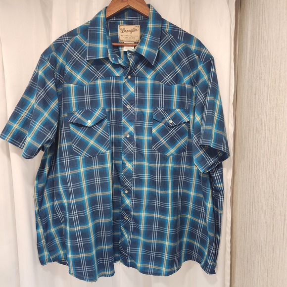 Wrangler Pearl Snap Shirt‎ Mens 3XL Plaid Blue Western Fashion Short Sleeve - Picture 1 of 4